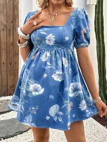Vestido corto de maternidad de mezclilla azul con mangas de pétalo - Azul - Ver 7