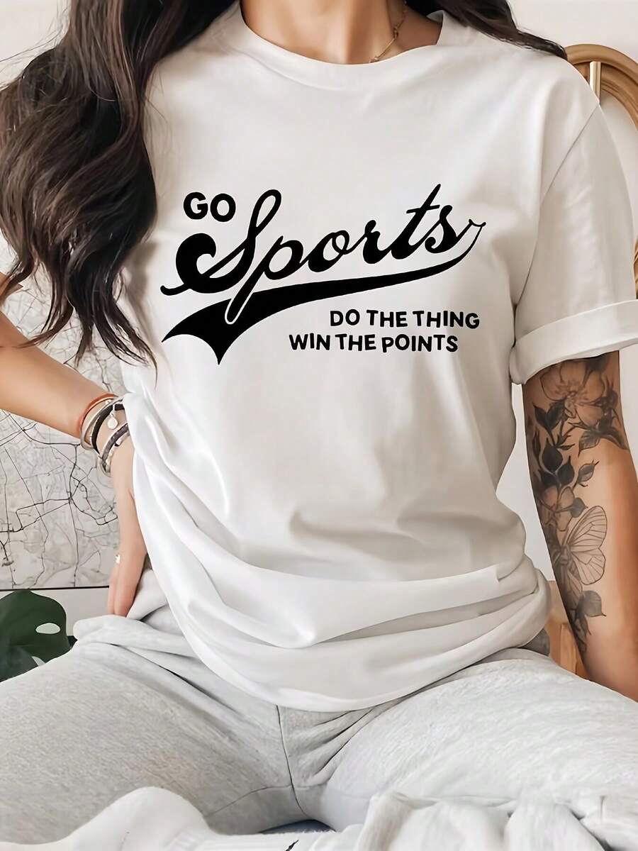 Camiseta casual de primavera/verano con estampado de letras, camiseta deportiva de manga corta con cuello redondo, top para mujer. - Blanco - Ver 1