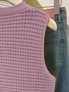 Top de punto sin mangas de cuello redondo de unicolor, versátil para el verano - Rosa vieja - Ver 5