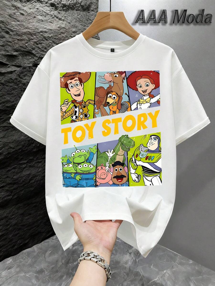 Men's Toy Story Character Grid Printed Cotton T-Shirt, Nostalgic Disney Casual Round Neck T-Shirt, 2026 Summer Knitted Cotton Round Neck Short Sleeve - trắng - Xem 1