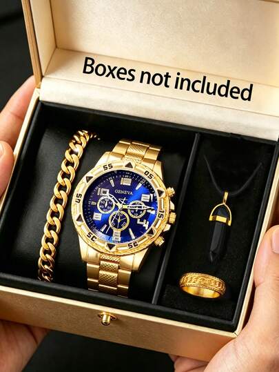 Fashionable Quartz Watch & Water Drop Jewelry Set For Teenagers, Super Large Dial, Gold Color, Casual Daily Wear, Suitable For Party, Holiday And Other Occasions, Gift (No Gift Box)