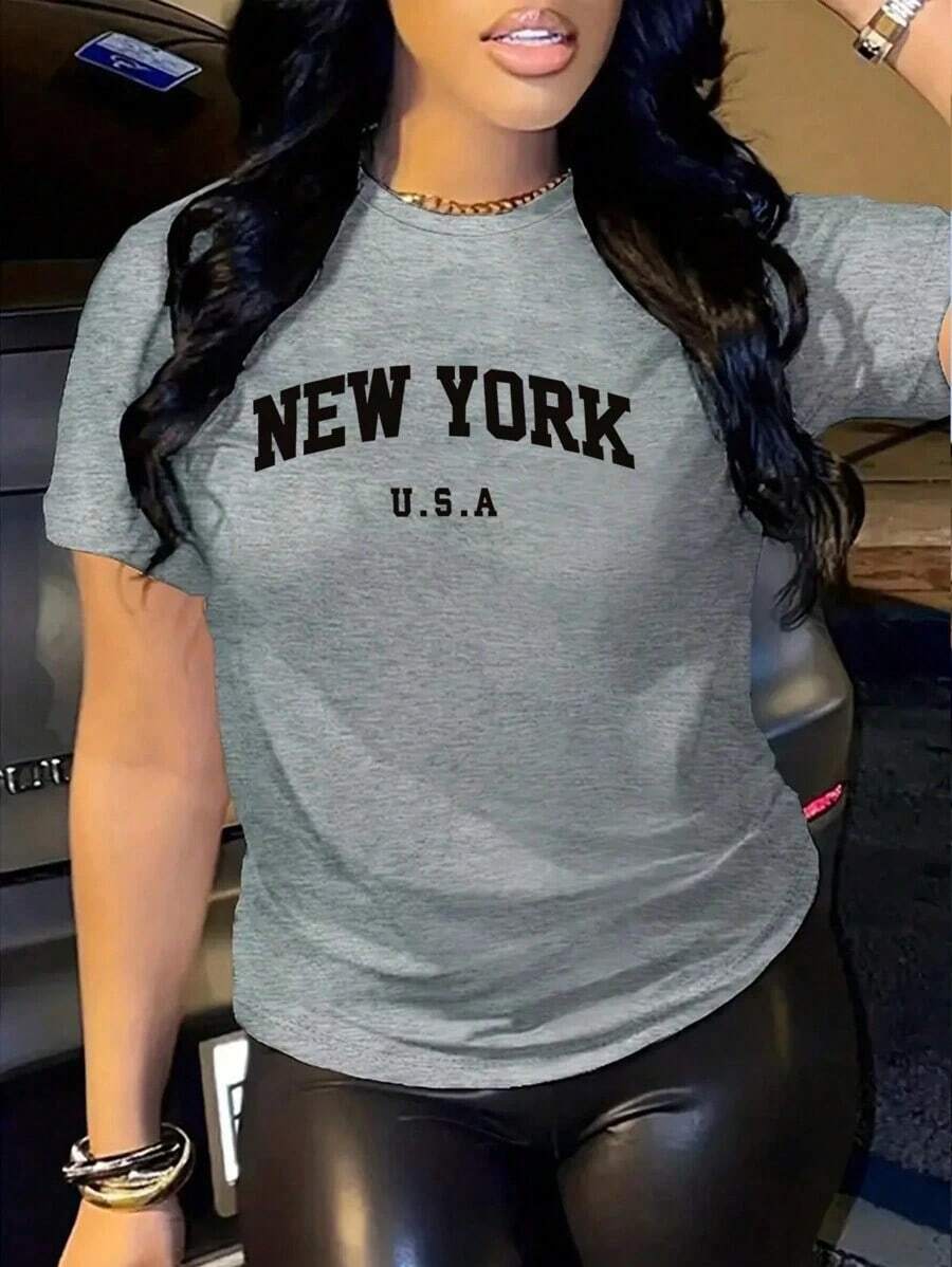 Free Shipping, Local Delivery In Mexico, Delivery In 4 Days. Women's Casual Short-Sleeve Crew Neck Letter Print T-Shirt, Women's Graphic Tees For Summer. - 淺灰色 - 查看 1