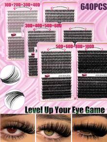 640pcs DIY D-Curl Volumizing Eyelash Extension Kit, Super Curly Lash Extension Set, Multi-Style Eye Makeup, Suitable For Beginners, 10-16mm Mixed Length, Natural, Cluster, Fluffy, Thick Styles, Self-Adhesive, Reusable Lash Clusters, False Lashes - D - View 1