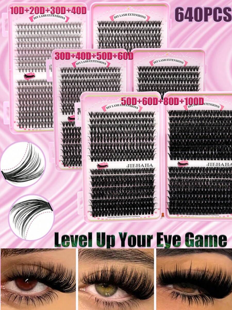 640pcs DIY D-Curl Volumizing Eyelash Extension Kit, Super Curly Lash Extension Set, Multi-Style Eye Makeup, Suitable For Beginners, 10-16mm Mixed Length, Natural, Cluster, Fluffy, Thick Styles, Self-Adhesive, Reusable Lash Clusters, False Lashes - D - View 1