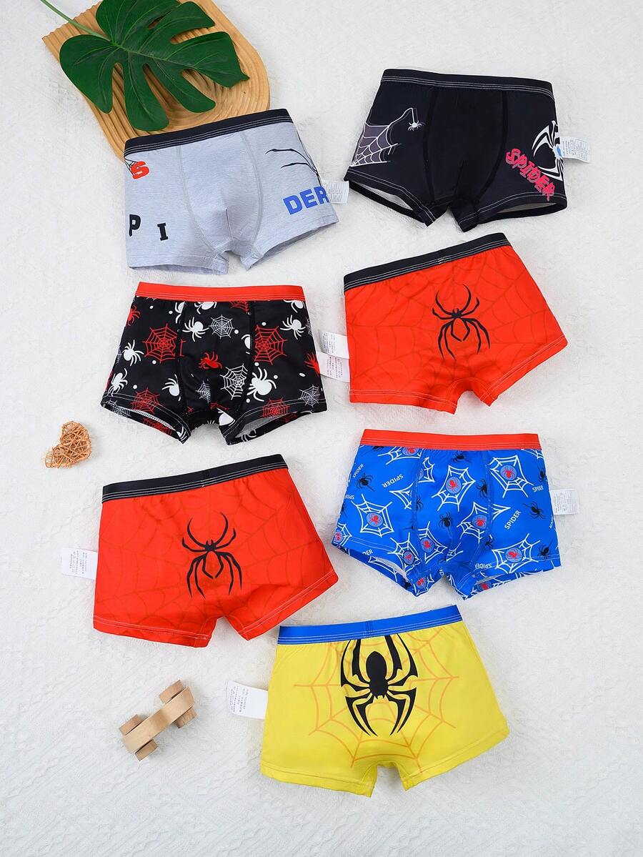 Paquete de 7 calzoncillos tipo bóxer cómodos, suaves y transpirables con estampado de araña y telaraña de dibujos animados para niños pequeños, niños y niños grandes - Multicolor - Ver 1