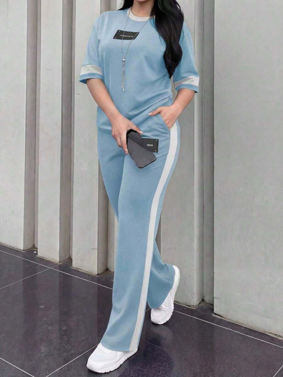 Conjunto de 2 piezas de camiseta de manga corta de cuello redondo y pantalones sueltos de cintura elástica para mujer, uso casual diario, elegante para primavera/otoño y verano - Azul cielo 220 - Ver 1