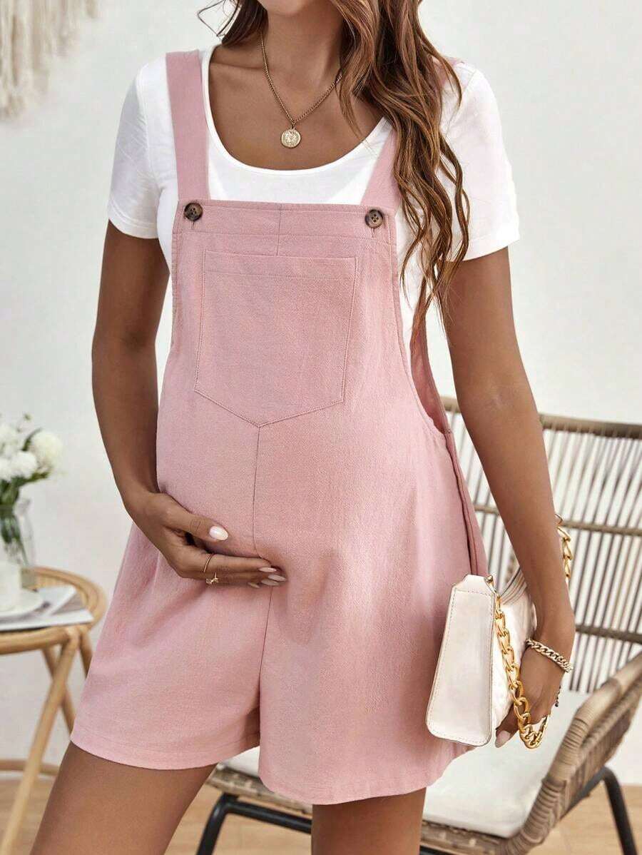 Mono informal con tirantes anchos, botones y bolsillos para mujeres embarazadas - Rosa Pálido - Ver 1