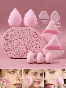 10PCS Makeup Sponge Puff Set, Ultra Soft Non-Absorbent Flocked Triangle Puff, Water Drop Makeup Sponge, Cleansing Sponge, Non-Latex Expands In Water, Makeup Sponge For Beginners, Easy To Clean, For Base Makeup, Setting, Concealing, Travel Portable Makeup Tool - Pink - View 2
