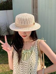 1顶女士编织丝带户外遮阳帽，多功能平顶帽，优雅英伦风小草帽，适合夏季旅行和购物。如果产品变形，可以用熨斗熨平。适合海滩、节日等场合。 - MZ3569 - 查看 34