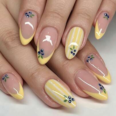 24pcs Medium Almond-Shaped Summer Fresh Yellow & White Striped Blueberry Minimalist Style Acrylic Press-On Nail Stickers, Perfect Fit For Your Fingertips, Easy To Wear, Manicure Set Includes Gel Polish And Nail File, Suitable For All Women For Daily Work, Dates And Other Occasions