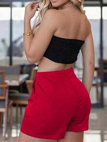 Pantalones cortos deportivos casuales con cintura elástica para mujeres, adecuados para entrenamiento y fitness, color negro de verano - Rojo - Ver 2