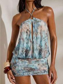 Vestido mini de mujer con estampado de malla de punto y cuello halter, primavera/verano - Verde militar - Ver 12