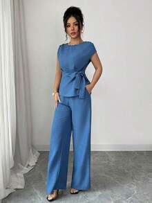 azul plisada con lazo ajustable en la cintura y pantalones anchos de tiro alto con bolsillos, conjunto elegante y casual para la oficina - Azul - Ver 6