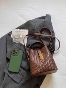 Q1SP Nueva bolsa de cubo con cordón de mujer de unicolor con textura tejida, bolso de mano y de hombro de moda - Marrón - Ver 13
