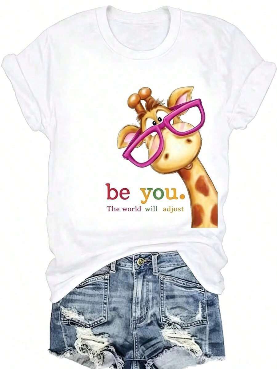3 Camisetas de Mujer de Talla para Uso Diario Casual con Estampado de Jirafa Juguetona con Gafas Rosas y Lema, Camiseta Casual Adecuada para el Ocio Diario|Moda Urbana Local de Primavera/Verano||Uso Casual Diario Primavera Verano Moderno Moldeador|Conjunto de verano para mujer, ropa de vacaciones|Blusas elegantes para mujer, ropa de primavera, blusas de verano. - Blanco - Ver 1