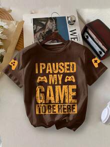 2pcs Boys' Summer Casual Set, Short Sleeve T-Shirt And Shorts, Funny English Letter Print, Suitable For Summer Wear - Brown - View 3