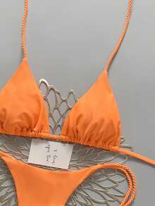 2pcs Solid Color Sexy Tie-Up Bikini, Reversible Twist Rope Design, Summer Vacation Beach - Burnt Orange - View 3