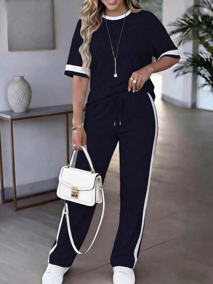 Conjunto de 2 piezas para mujer de primavera/verano, top de manga corta de cuello redondo y contraste de color casual y versátil, y pantalones rectos de cintura alta con cordón - Azul oscuro 46 - Ver 1