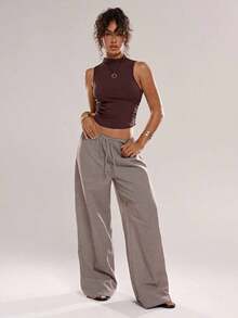 Pantalones casuales de uso diario de unicolor con cordón en la cintura para mujeres - Marrón - Ver 10