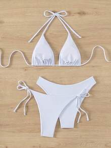 Swim Vcay Summer Geometric Floral Print Halter Bikini Set, Knit Fabric, Sexy Backless Bikini Set For Vacation, Parties, Beach, Pool, New Year, Christmas, Elegant - 白色的 - 查看 2