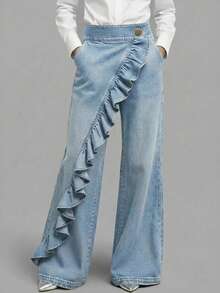 Summer Women'S Casual Irregular Washed Retro Mid-Waist Straight Leg Jeans - màu xanh nhạt - Xem 7