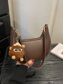 1个咖啡棕色新月形PU皮革单肩包，简约纯色，附赠毛绒挂件（礼品） - 咖啡棕 - 查看 3