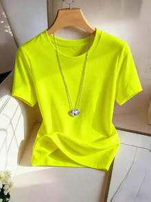 Camiseta de mujer casual de unicolor con cuello redondo y manga corta - Verde 3 - Ver 1