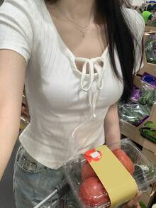 灰色不對稱休閒女款短袖T恤 白色夏季 - 白色 - 查看 2