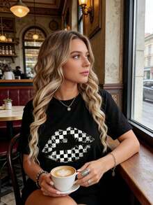 Camiseta Casual para Mujer - Corte Holgado, Manga Corta, Estampado Geométrico de Labios con Patrón a Cuadros y Argyle, 100% Algodón, Cuello Redondo, para Moda Primavera Verano, Camiseta de Textura Suave, 100% Algodón, Duradera - Negro - Ver 4