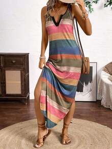 Vestido largo de tirantes de mujer con rayas verticales y colores variados - Multicolor - Ver 6
