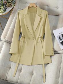Chaqueta de traje de mujer con doble botonadura y cordones en color marrón, abrigo delgado y de longitud media para ir al trabajo, tela suave y elegante, prenda exterior casual elegante para mujeres de 25 a 45 años en primavera - Amarillo claro - Ver 4