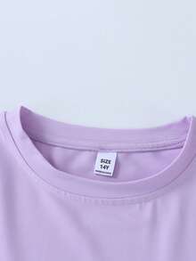 Girls' Summer Casual Set, Pink Short Sleeve T-Shirt With Shy Rabbit Cartoon Print, Paired With Black Shorts With Matching Pattern Accent, Cute And Lively, Suitable For Daily Wear Or Campus Outfit - Mauve Purple - View 8