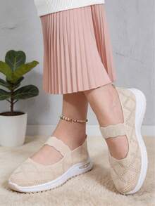 Women's Spring/Summer Versatile Soft Sole Low Vamp Slip-On Shoes, Wavy Elastic Strap Mesh Upper, Thick Sole Casual Shoes, Breathable Non-Stuffy Slip-On Shoes - Beige - View 1