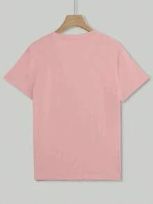 Camiseta de manga corta de escote redondo con estampado floral 3D para mujer, casual de verano - Rosa vieja - Ver 2