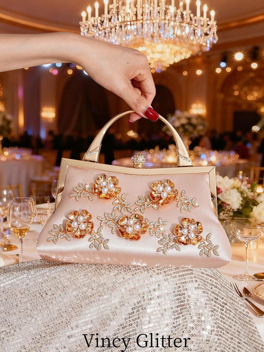 Floral Wristlet Clutch Bag, Party Elegant Handbag, European And American Style Chic Purse, Large Capacity Women's Bag, Formal Dress Bag, Fashion Lady Bag - Champagne - View 1