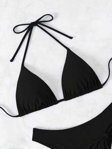 Swim Vcay Summer Geometric Floral Print Halter Bikini Set, Knit Fabric, Sexy Backless Bikini Set For Vacation, Parties, Beach, Pool, New Year, Christmas, Elegant - 黑色 - 查看 4