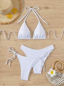 Swim Vcay Summer Geometric Floral Print Halter Bikini Set, Knit Fabric, Sexy Backless Bikini Set For Vacation, Parties, Beach, Pool, New Year, Christmas, Elegant - 白色的 - 查看 1