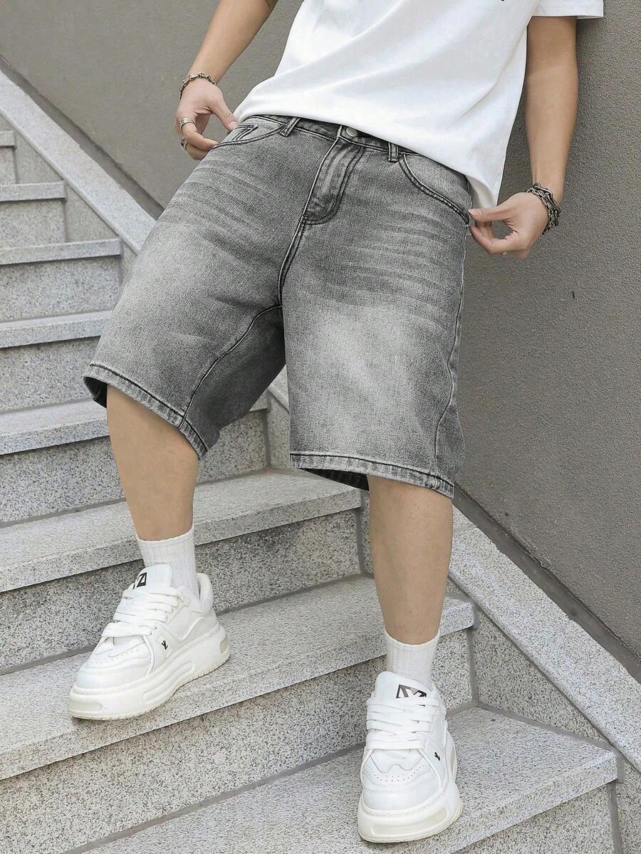 适合青少年男孩的休闲直筒牛仔短裤,宽松水洗牛仔短裤,宽松街头风户外复古经典休闲牛仔短裤 - 灰色 - 查看 1