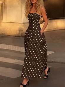 YHH2026 Nuevo vestido elegante, sexy y casual de primavera/verano para vacaciones, fiestas de té, festivales de música country, con volantes en la cintura, tirantes a lunares, color blancoYHH - Marrón - Ver 12