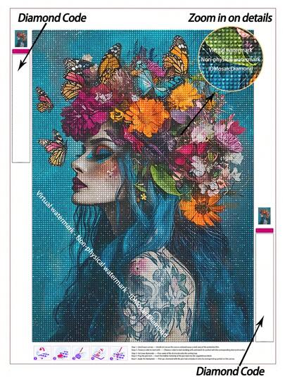 5D DIY Juego de pintura de diamantes Floral Crown Tattoo Lady, Mujer con corona de flores vibrante, mariposas revoloteando y cabello azul, fondo de color verde azulado sombrío, decoración de pared con estilo de tatuaje artístico. Kits de pintura de diamantes de punto de cruz DIY, pintura de diamantes para adultos, haz tu propia obra de arte DIY, disfruta de la diversión manual, el mejor regalo para amigos