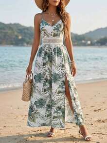 Women's High Slit V-Neck Maxi Dress Floral Print Sleeveless Sundress Spaghetti Straps A Line Dresses With Cut Out Waist For Summer Casual And Mother's Day Gift - màu xanh lá - Xem 6