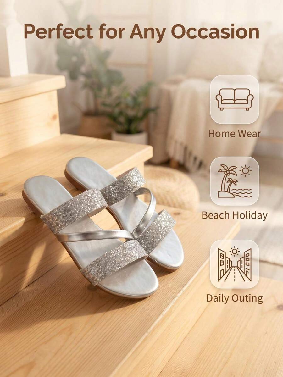 Một đôi sandal đế bằng kiểu dáng mới năm 2026 dành cho bé gái, thiết kế đính sequin hai quai, kiểu dép xỏ ngón đi biển, với kiểu dáng giản dị và thoải mái. Thích hợp cho trang phục du lịch / đi lại hàng ngày. - Bạc - Xem 1