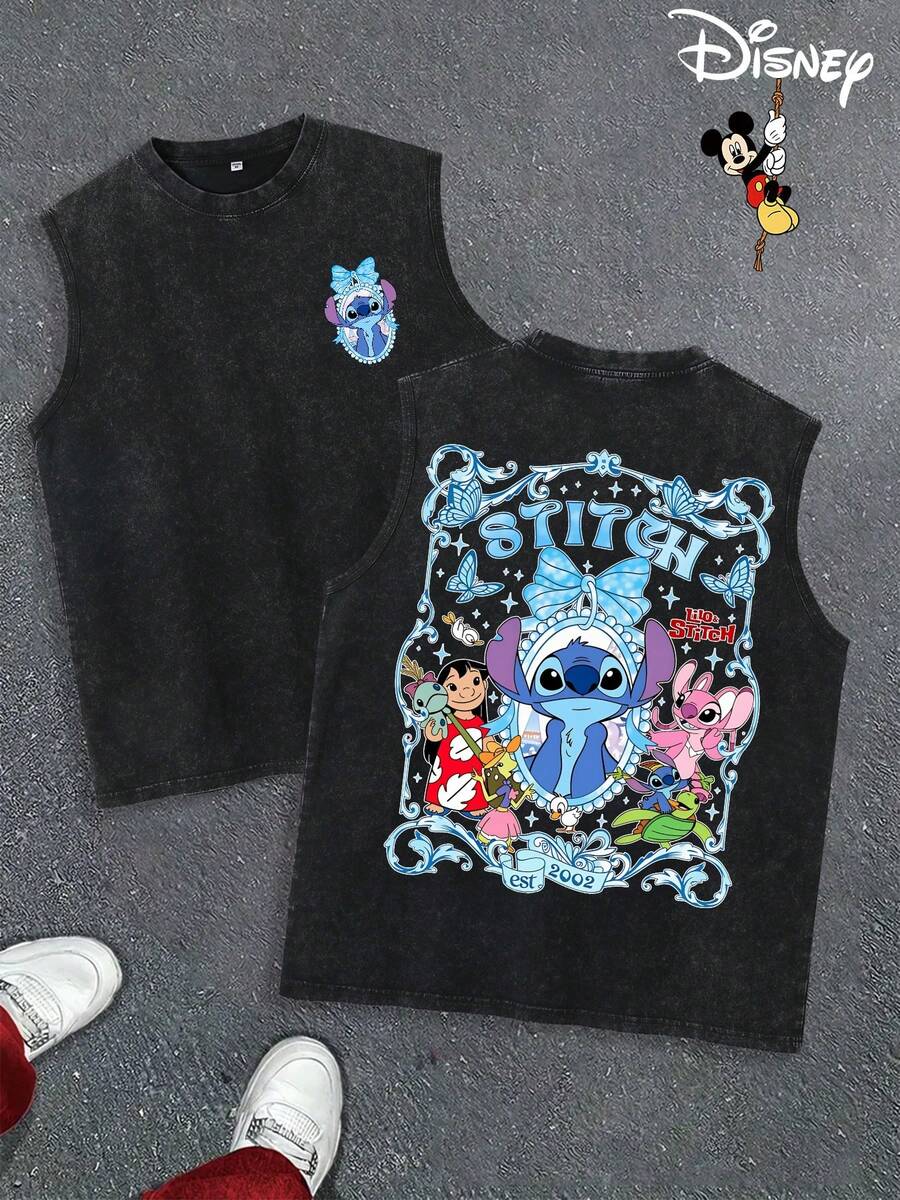 Disney Star Baby Stitch Series Water Wash Cotton Sleeveless Vest, Printed With Stitch Pattern On Both Sides, 230g Water Wash Pure Cotton Men's Sleeveless Vest, Men's Leisure Sports Vest, Summer Relaxed Leisure Sleeveless Top, Disneyland Travel, Everyday Wear, Street Style, Vacation, The Best Gift For Disney Lovers, Men And Women To Wear - 黑色 - 查看 1