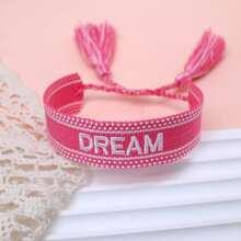 1条绣有“DREAM”字母的手工编织波西米亚复古简约可调节手链，适合派对和日常佩戴。 - 粉色 - 查看 2