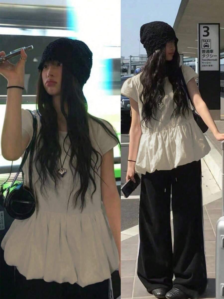 女士圆领纯色泡泡袖短袖上衣,夏季 - 卡其色 - 查看 1