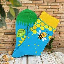 1 Pair Men's Fresh Blue-Green Contrast Color Bee Pattern Socks, Creative Design Mid-Calf Socks, Unisex Bee & Sunflower Cartoon Mid-Calf Socks, Funny Print Versatile Cotton Socks, Suitable For All Seasons - Multicolor - View 5