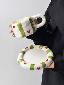 1 Set Classic Striped Heart Ceramic Coffee Cup & Saucer, Cute Korean Ins Style Mug Design With Matching Striped Heart Coaster, Ideal Choice For Coffee, Perfect Birthday & Holiday Gift, Suitable For Home Use, Great Gift For Him, Fun Cup. - Multicolor - View 17