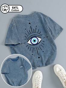 Plus-Size Women's Short-Sleeved T-Shirt With Eye-Line Print, Retro Washed Short-Sleeved T-Shirt, Suitable For Outdoor Wear, Women's Summer Top. Casual - Blue - View 1