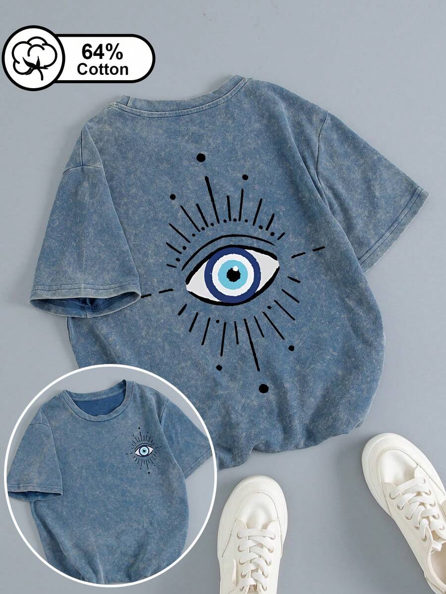Plus-Size Women's Short-Sleeved T-Shirt With Eye-Line Print, Retro Washed Short-Sleeved T-Shirt, Suitable For Outdoor Wear, Women's Summer Top. Casual - Blue - View 1