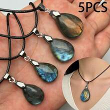 5 PIEZAS Colgante de piedra natural, colgante de labradorita en forma de gota de agua, piedra lunar con destello azul, destellos de colores para hacer joyas, DIY collares, accesorios de moda - Regalos perfectos para seres queridos (No incluye cuerda de cuero) - 5 piezas - Ver 2